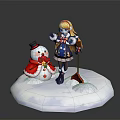 Game And Movie Character Blonde Girl Standing With Snowman On Snowy Ground Red Shovel