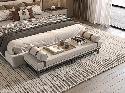 Modern Bedroom Interior With Bed Pillows Bench Striped Rug And Wooden Floor 3d model
