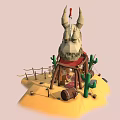 Cartoon Desert Scene Featuring Skull Head Tent Cacti Barrels Figure Ropes And Stones