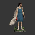 Magical Girl Character With Red White Fish Creature Wings Blue Dress And Green Plants