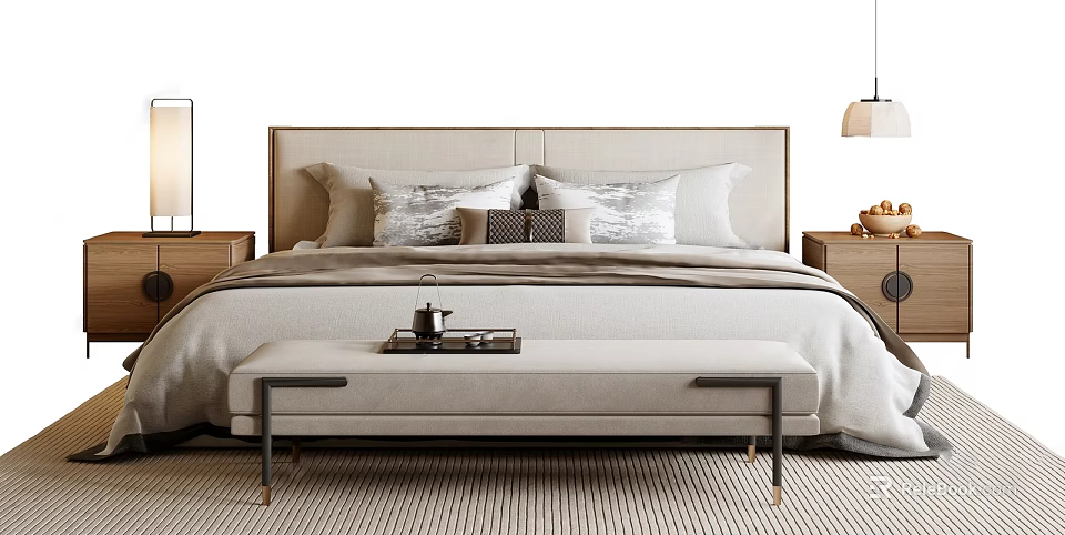 Modern Double Bed With Beige Headboard Pillows And Footstool In Cozy Bedroom 3d model 