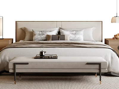 Modern Double Bed With Beige Headboard Pillows And Footstool In Cozy Bedroom 3d model