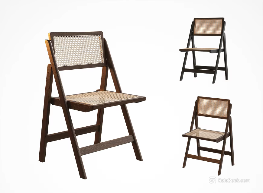 Wooden Frame Dining Chairs With Woven Seat And Backrest Multiple Angles Folding Design 3d model