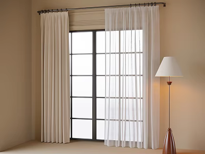 Light Colored Curtains with Sheer Panels and Floor Lamp in Beige Room 3d model