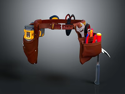 Brown Leather Tool Belt With Multiple Pockets Carrying Tape Measure Scissors Pencils And Hammer 3d model