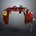 Brown Leather Tool Belt With Multiple Pockets Carrying Tape Measure Scissors Pencils And Hammer