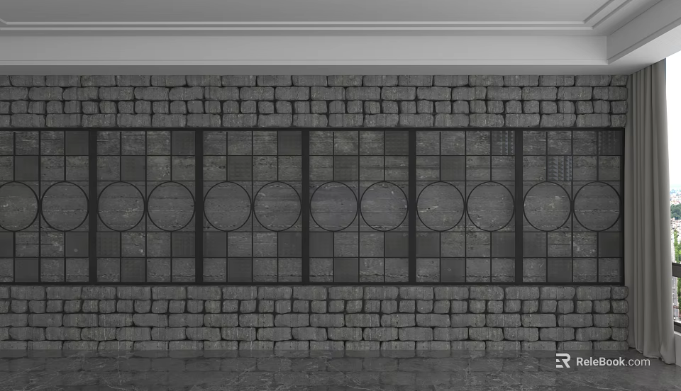 Classic Brick Background Wall With Circular Patterns And Grid Design 3d model