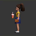 3D Girl Character With Brown Ponytail Yellow Shirt Blue Skirt Holding Orange Cup And Pink Cream