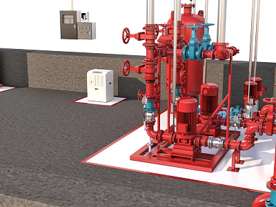 Red Industrial Equipment System With Pipes Valves Pumps Control Panel And White Equipment Unit 3d model