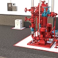 Red Industrial Equipment System With Pipes Valves Pumps Control Panel And White Equipment Unit