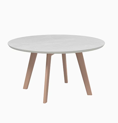 Modern Outdoor Table With Round White Tabletop And Three Wooden Legs Design 3d model