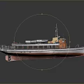 Vintage Wooden Cabin Boat With Silver Deck Orange Lifebuoys And Windows