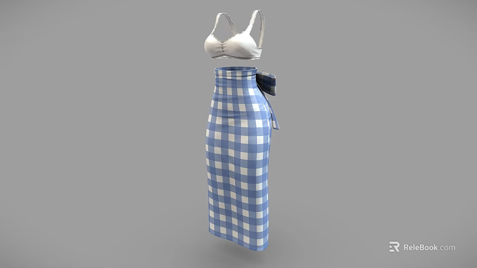 Stylish Blue And White Plaid Skirt With White Cami Top And Belt Detail 3d model 