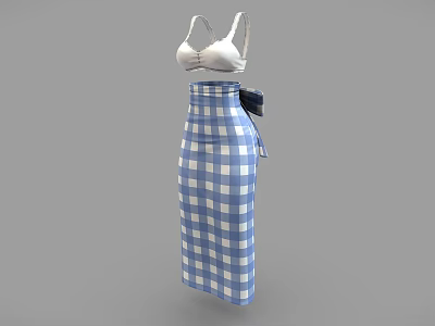 Stylish Blue And White Plaid Skirt With White Cami Top And Belt Detail 3d model