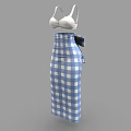 Stylish Blue And White Plaid Skirt With White Cami Top And Belt Detail