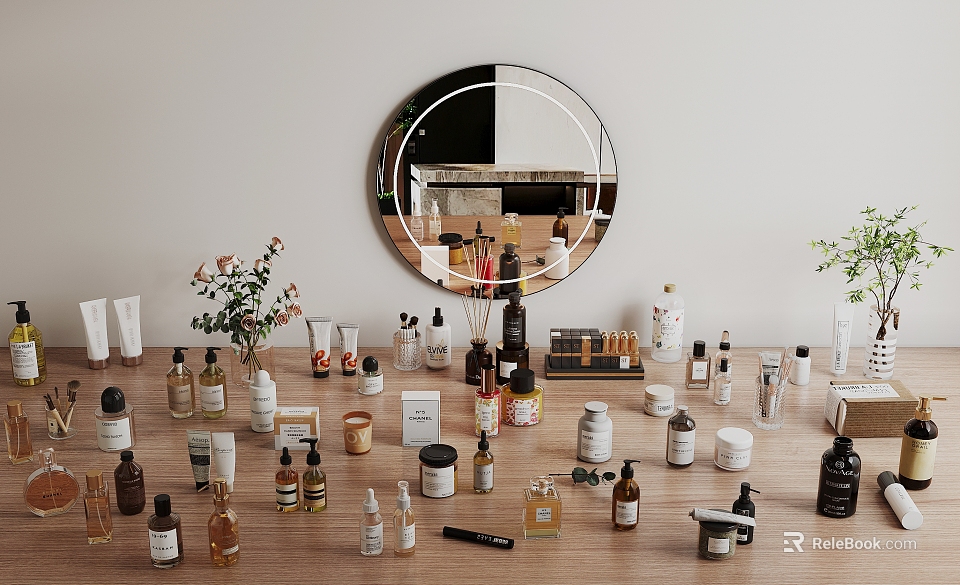 Modern Vanity Table Display With Perfume And Cosmetic Collection Various Bottles Plants And Mirror 3d model 