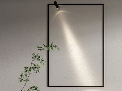 Modern Wall Lamp with Black Frame Illuminating Gray Wall and Bamboo Plant 3d model