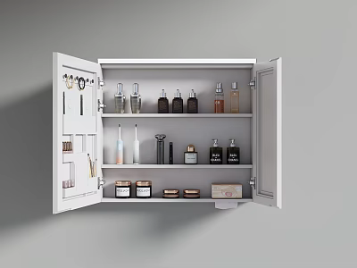 Open White Bathroom Mirror Cabinet With Interior Storage For Toiletries And Skincare Products 3d model