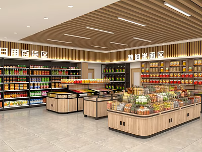 Supermarket Grocery Store With Daily Necessities And Grain Oil Seasoning Sections Displayed On Shelves And Promotion Counters 3d model