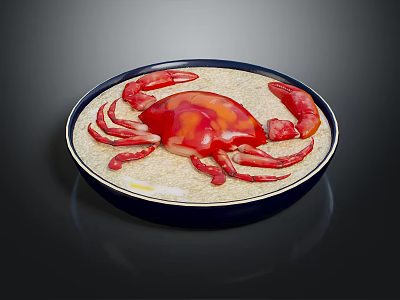 Delicious Red Cooked Crab Placed on Fragrant White Rice in Blue Ceramic Plate 3d model