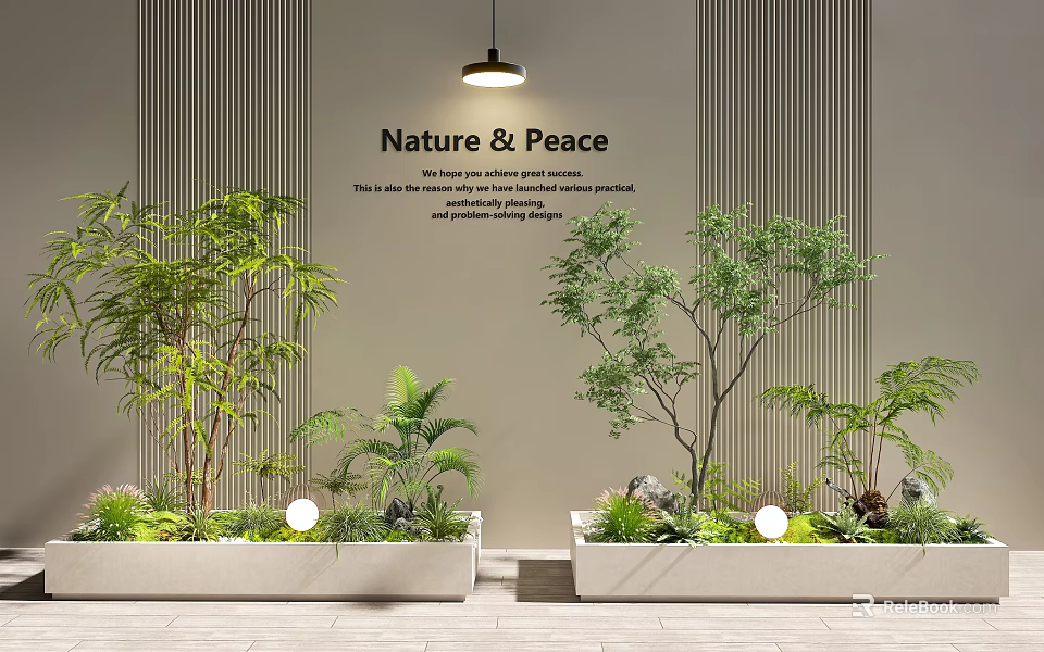 Indoor Landscape With Nature and Peace Theme Striped Wall Pendant Light and White Planters 3d model 