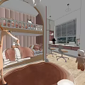 Kid's Room With Pink Circular Ceiling Light Cloud Decor Bunk Bed Stairs Giraffe Toy Rug