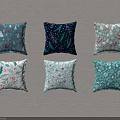 Six Decorative Throw Pillows Featuring Blue Hues And Tree Leaf Snowflake Patterns 3d model