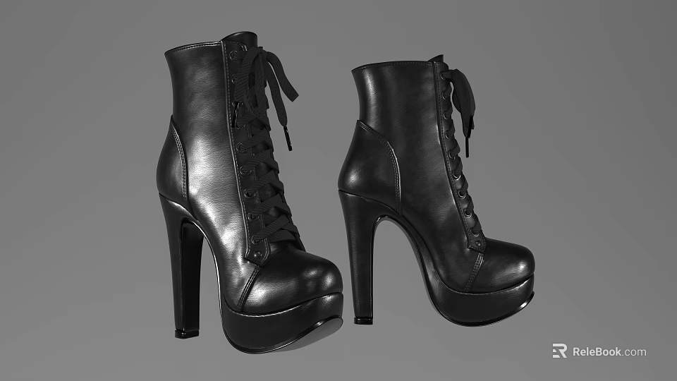 Black Lace Up High Heel Boots With Tall Heels And Platform Soles 3d model 