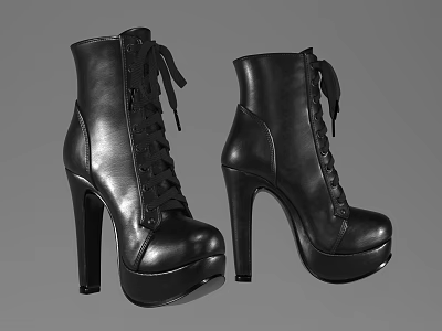 Black Lace Up High Heel Boots With Tall Heels And Platform Soles 3d model