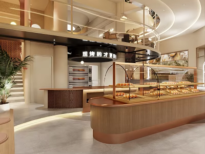 Modern Café Interior Design With Open Layout Bakery Display Cases Wooden Counter And Staircase Plants 3d model
