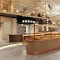 Modern Café Interior Design With Open Layout Bakery Display Cases Wooden Counter And Staircase Plants