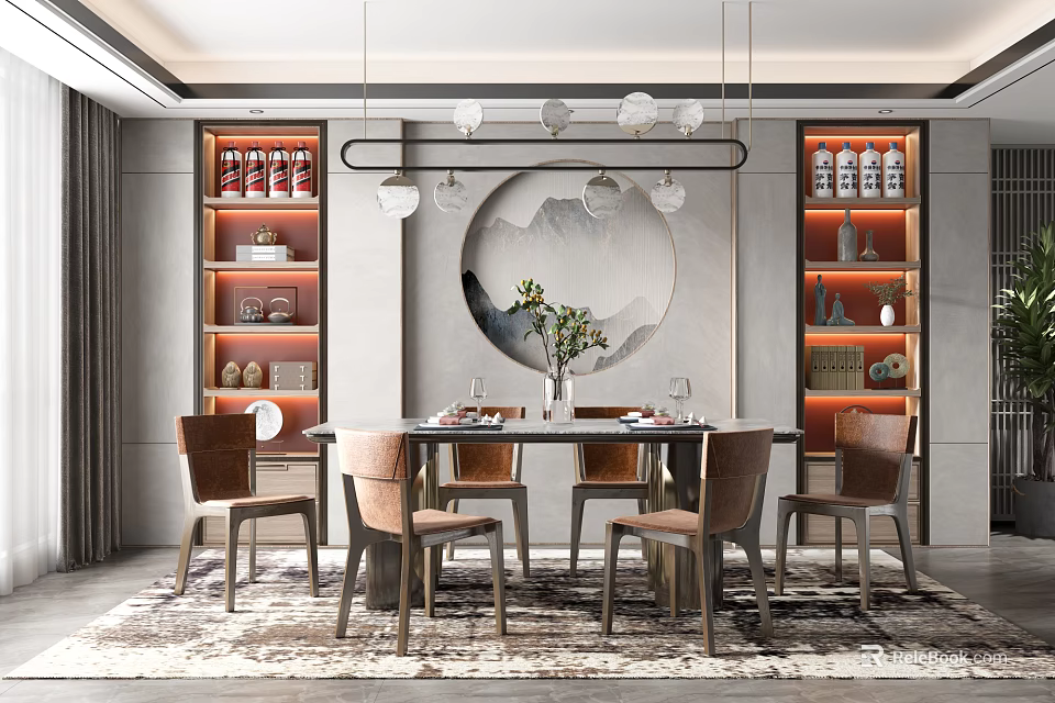 Elegant Restaurant Interior With Dining Table And Chairs Circular Painting Pendant Lights And Display Shelves 3d model 