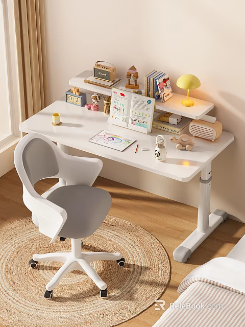 Adjustable White Desk with Yellow Lamp Books Stationery Decorative Items and Gray Chair 3d model 