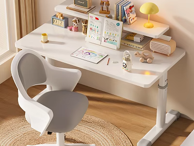 Adjustable White Desk with Yellow Lamp Books Stationery Decorative Items and Gray Chair 3d model