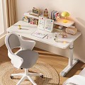 Adjustable White Desk with Yellow Lamp Books Stationery Decorative Items and Gray Chair