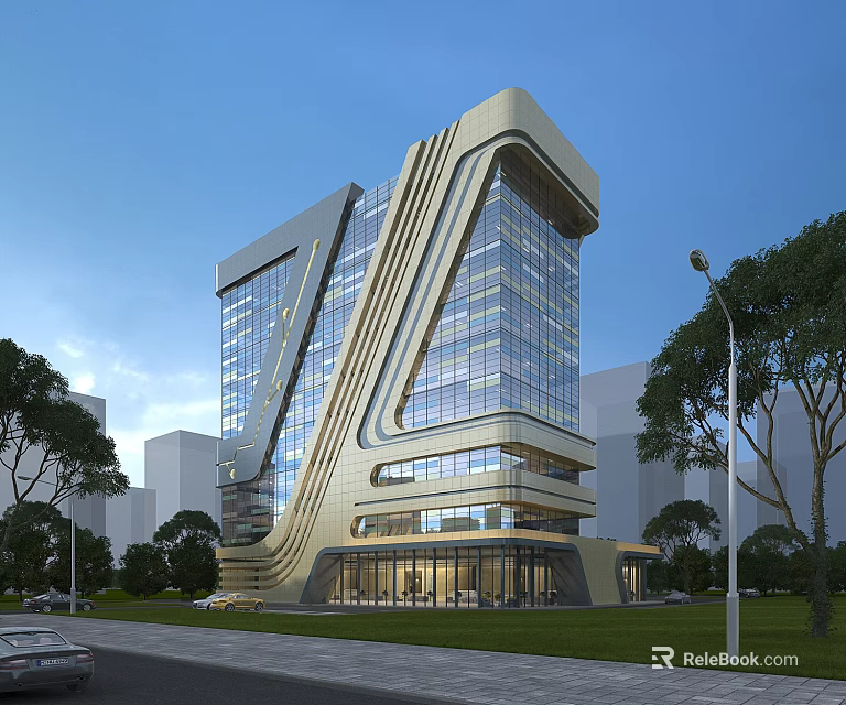 Modern Office Building With Glass Curtain Wall Unique Architectural Design And Urban Greenery 3d model 