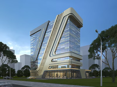 Modern Office Building With Glass Curtain Wall Unique Architectural Design And Urban Greenery 3d model