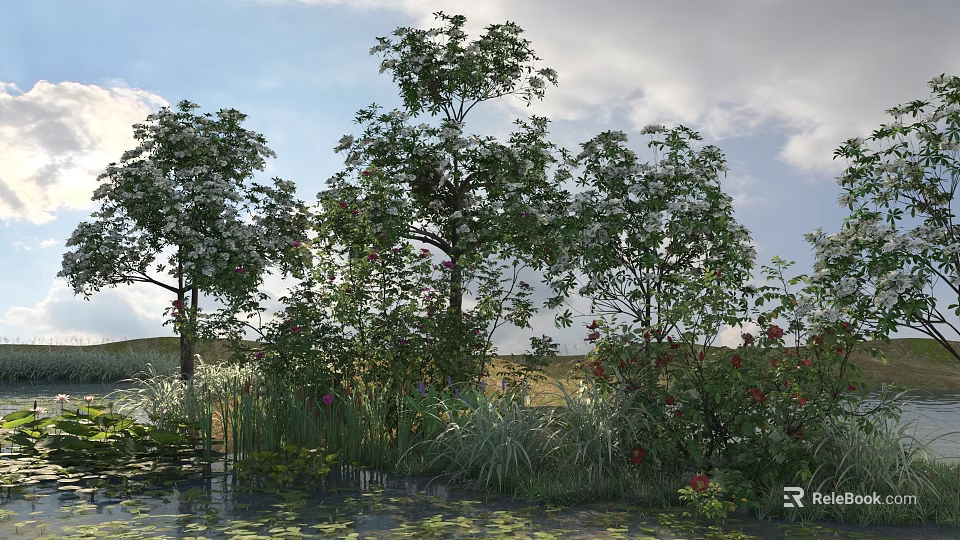 Flowering Trees By Water With Green Grass And Plants Under Cloudy Sky 3d model 