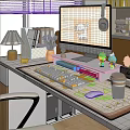 Public Office Area Workspace With Computer Keyboard Desk Lamp Coffee Cup And Decorative Figurines