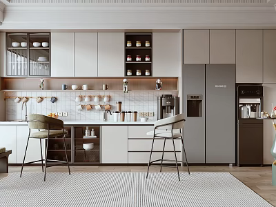 Modern Pantry Interior With Open Shelves Cabinets Coffee Machine Bar Stools And Cups 3d model