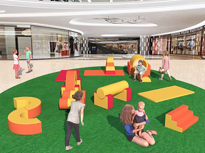 Colorful Playground Equipment With Curved Stepped Structures On Green Turf In Shopping Mall For Kids 3d model