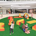 Colorful Playground Equipment With Curved Stepped Structures On Green Turf In Shopping Mall For Kids