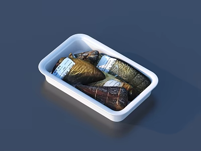 Fresh Fish Pieces In White Plastic Tray With Product Labels 3d model