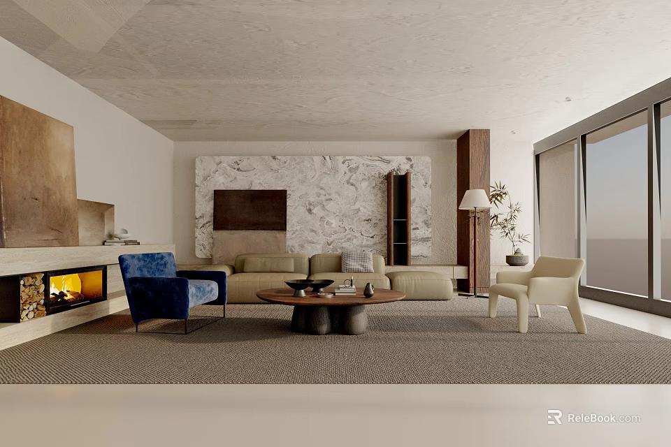 Modern Living Room Interior With Beige Sofa Coffee Table Fireplace And Marble Accent Wall 3d model 