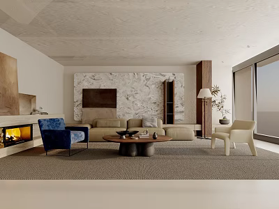Modern Living Room Interior With Beige Sofa Coffee Table Fireplace And Marble Accent Wall 3d model