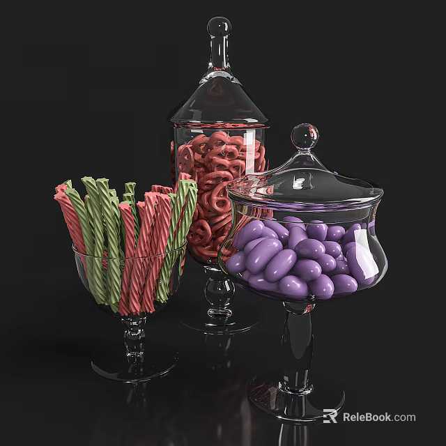 Ceramic Candy Jars with Lids on Pedestal Bases Filled with Colorful Sweets 3d model 