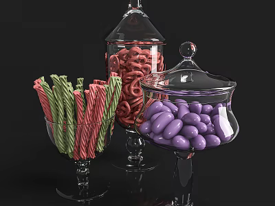 Ceramic Candy Jars with Lids on Pedestal Bases Filled with Colorful Sweets 3d model