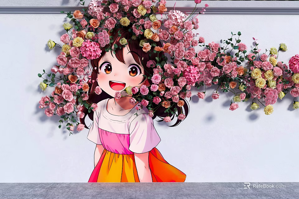 White Wall Decorated With Colorful Floral Blossoms And Happy Girl Standing Nearby 3d model 