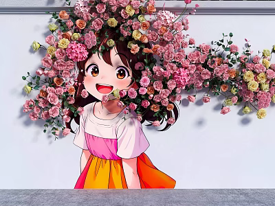 White Wall Decorated With Colorful Floral Blossoms And Happy Girl Standing Nearby 3d model