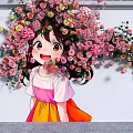 White Wall Decorated With Colorful Floral Blossoms And Happy Girl Standing Nearby